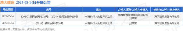 亿鑫网 海天建设作为被告/被上诉人的2起涉及申请执行人执行异议之诉的诉讼将于2025年5月14日开庭